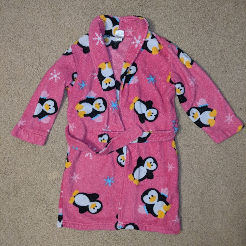 Kids Pink Terry Bath Robe - youth medium - size 10 / 12 - penguin snowflakes